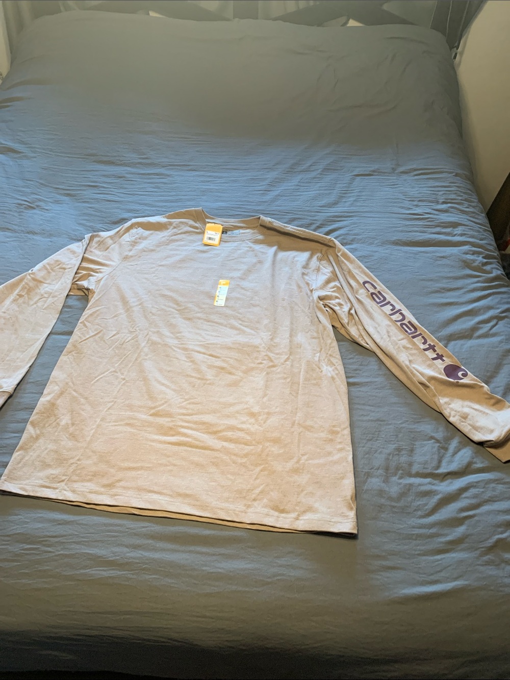 Carhartt Men’s Long-Sleeve Tee in Khaki with Purple Sleeve Logo